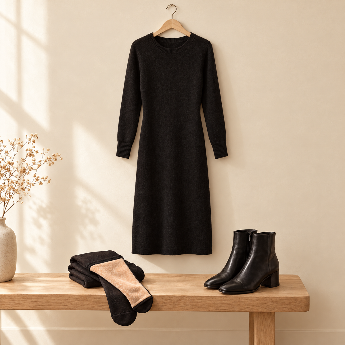 Black dress on a hanger above folded fleece-lined tights and ankle boots